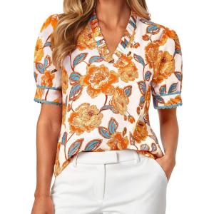 GRACE KARIN Women Boho Floral Tops, Summer Puff Short Sleeve Dressy Casual Shirts, 2026 Spring V Neck Vacation Work Blouse(Orange White)