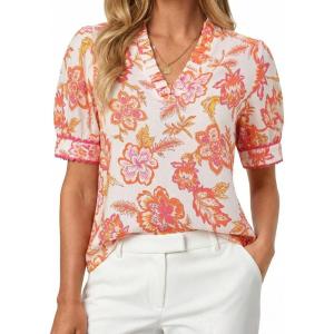 GRACE KARIN Women Boho Floral Tops, Summer Puff Short Sleeve Dressy Casual Shirts, 2026 Spring V Neck Vacation Work Blouse(Pink White)