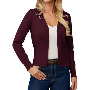 GRACE KARIN Women Cropped Cardigan Sweaters, Lightweight Long Sleeve Shrug, Button Up V Neck Knit Sweater Tops Spring(Dark Red)
