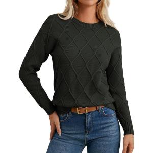 GRACE KARIN Women Fall Long Sleeve Crew Neck Sweaters, 2025 Fashion Knit Trendy Pullover Top, Cable Stretchy Winter Clothes(Army Green)