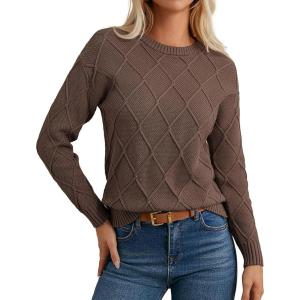 GRACE KARIN Women Fall Long Sleeve Crew Neck Sweaters, 2025 Fashion Knit Trendy Pullover Top, Cable Stretchy Winter Clothes(Coffee)