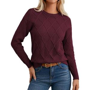 GRACE KARIN Women Fall Long Sleeve Crew Neck Sweaters, 2025 Fashion Knit Trendy Pullover Top, Cable Stretchy Winter Clothes(Wine)