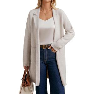 GRACE KARIN Women Long Sweater Blazers, 2025 Open Front Knit Cardigan, Dressy Soft Lapel Jacket with Pockets(Beige)