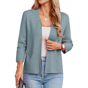 GRACE KARIN Women Sweater Blazer 3/4 Sleeve Cropped Cardigan Lightweight Notch Collar Knit Blazer Jacket Business Casual(Gray Blue)