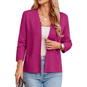 GRACE KARIN Women Sweater Blazer 3/4 Sleeve Cropped Cardigan Lightweight Notch Collar Knit Blazer Jacket Business Casual(Hot Pink)