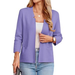 GRACE KARIN Women Sweater Blazer 3/4 Sleeve Cropped Cardigan Lightweight Notch Collar Knit Blazer Jacket Business Casual(Lilac Purple)