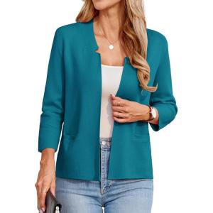 GRACE KARIN Women Sweater Blazer 3/4 Sleeve Cropped Cardigan Lightweight Notch Collar Knit Blazer Jacket Business Casual(Peacock Blue)