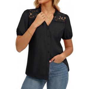 GRACE KARIN Women’s 2026 Summer Casual Tops, Dressy Short Sleeve Lace Shirts, V Neck Button Down Work Blouses Outfits Shirt(Black)