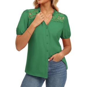 GRACE KARIN Women’s 2026 Summer Casual Tops, Dressy Short Sleeve Lace Shirts, V Neck Button Down Work Blouses Outfits Shirt(Green)