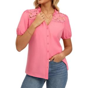 GRACE KARIN Women’s 2026 Summer Casual Tops, Dressy Short Sleeve Lace Shirts, V Neck Button Down Work Blouses Outfits Shirt(Pink)