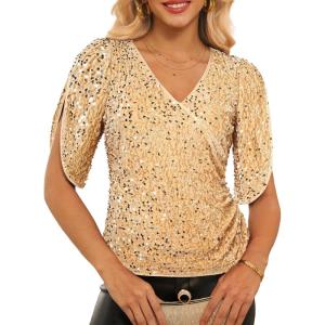 GRACE KARIN Womens 3/4 Length Sleeve Sequin Tops V Neck Velvet Ruched Blouses 2026 Glitter Trendy Party Outfit(Champagne)