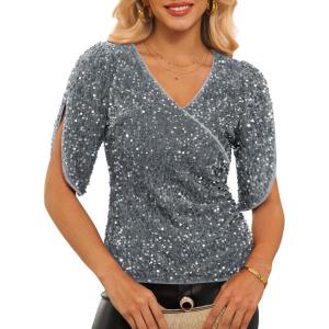 GRACE KARIN Womens 3/4 Length Sleeve Sequin Tops V Neck Velvet Ruched Blouses 2026 Glitter Trendy Party Outfit(Light Gray)
