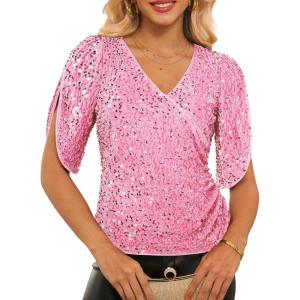 GRACE KARIN Womens 3/4 Length Sleeve Sequin Tops V Neck Velvet Ruched Blouses 2026 Glitter Trendy Party Outfit(Pink)