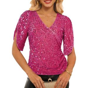 GRACE KARIN Womens 3/4 Length Sleeve Sequin Tops V Neck Velvet Ruched Blouses 2026 Glitter Trendy Party Outfit(Rose Red)