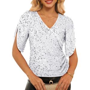GRACE KARIN Womens 3/4 Length Sleeve Sequin Tops V Neck Velvet Ruched Blouses 2026 Glitter Trendy Party Outfit(Silver)