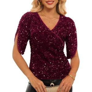 GRACE KARIN Womens 3/4 Length Sleeve Sequin Tops V Neck Velvet Ruched Blouses 2026 Glitter Trendy Party Outfit(Wine Red)