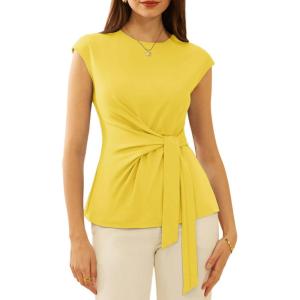 GRACE KARIN Womens Cap Sleeve Tops 2025 Summer Tie Waist Crew Neck Elegant Blouse Dressy Casual Work Business Shirts(Bright Yellow)