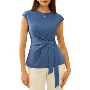GRACE KARIN Womens Cap Sleeve Tops 2025 Summer Tie Waist Crew Neck Elegant Blouse Dressy Casual Work Business Shirts(Dark Gray Blue)