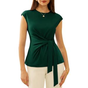 GRACE KARIN Womens Cap Sleeve Tops 2025 Summer Tie Waist Crew Neck Elegant Blouse Dressy Casual Work Business Shirts(Dark Green)
