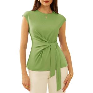 GRACE KARIN Womens Cap Sleeve Tops 2025 Summer Tie Waist Crew Neck Elegant Blouse Dressy Casual Work Business Shirts(Green)