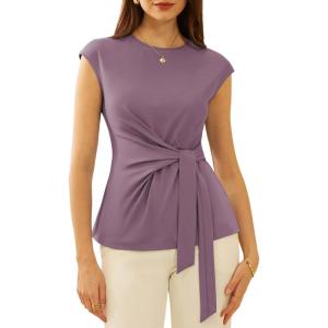 GRACE KARIN Womens Cap Sleeve Tops 2025 Summer Tie Waist Crew Neck Elegant Blouse Dressy Casual Work Business Shirts(Grey Purple)