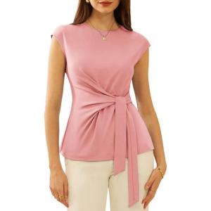 GRACE KARIN Womens Cap Sleeve Tops 2025 Summer Tie Waist Crew Neck Elegant Blouse Dressy Casual Work Business Shirts(Pink)