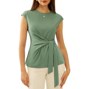GRACE KARIN Womens Cap Sleeve Tops 2025 Summer Tie Waist Crew Neck Elegant Blouse Dressy Casual Work Business Shirts(Sage Green)