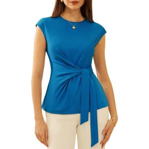 GRACE KARIN Womens Cap Sleeve Tops 2025 Summer Tie Waist Crew Neck Elegant Blouse Dressy Casual Work Business Shirts(Sky Blue)