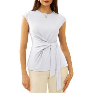 GRACE KARIN Womens Cap Sleeve Tops 2025 Summer Tie Waist Crew Neck Elegant Blouse Dressy Casual Work Business Shirts(White)