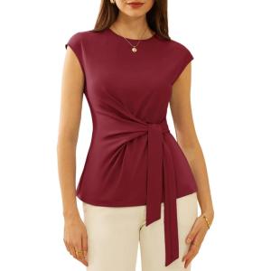 GRACE KARIN Womens Cap Sleeve Tops 2025 Summer Tie Waist Crew Neck Elegant Blouse Dressy Casual Work Business Shirts(Wine Red)