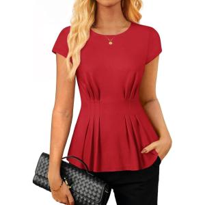 GRACE KARIN Womens Dressy Casual Peplum Tops, 2026 Cap Sleeve Work Blouses, Spring Summer Crew Neck Business Shirts(Red)