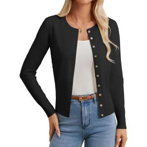 GRACE KARIN Women’s Lightweight Fall Cardigan, Long Sleeve Knit Crop Sweater Trendy, Button Open Front Crewneck Jacket(Black)