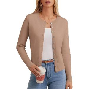 GRACE KARIN Women’s Lightweight Fall Cardigan, Long Sleeve Knit Crop Sweater Trendy, Button Open Front Crewneck Jacket(Camel)