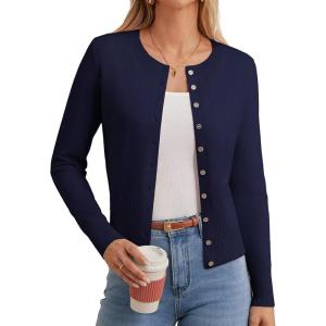 GRACE KARIN Women’s Lightweight Fall Cardigan, Long Sleeve Knit Crop Sweater Trendy, Button Open Front Crewneck Jacket(Navy Blue)