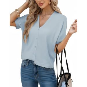 GRACE KARIN Women’s Short Sleeve Cardigan Trendy, Oversized Lightweight Sweater, V Neck Button Up Dressy Casual Top 2026(Blue)