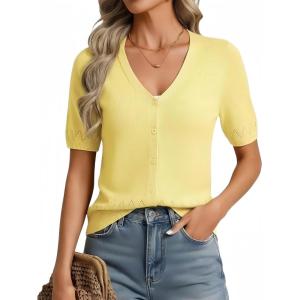GRACE KARIN Women’s Short Sleeve Spring Sweater, Lightweight Cotton Cardigan, Button Up V Neck Dressy Casual Cute Tops(Light Yellow)