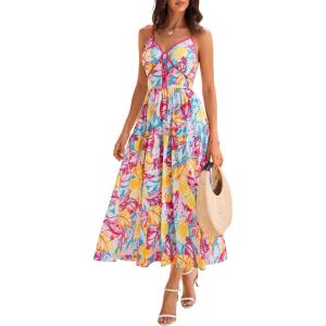 GRACE KARIN Womens Summer Floral Maxi Dresses 2026 Spaghetti Strap Wedding Guest Resort Wear Boho Beach Vacation Sundresses(Blue Rose Floral)