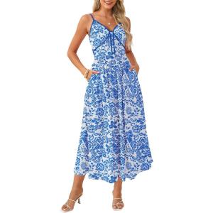 GRACE KARIN Womens Summer Floral Maxi Dresses 2026 Spaghetti Strap Wedding Guest Resort Wear Boho Beach Vacation Sundresses(Blue White Floral)