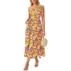 GRACE KARIN Womens Summer Floral Maxi Dresses 2026 Spaghetti Strap Wedding Guest Resort Wear Boho Beach Vacation Sundresses(Rose Yellow Floral)