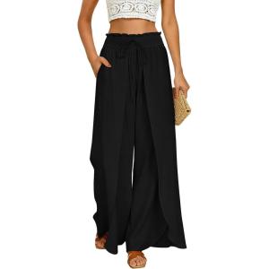 GRACE KARIN Womens Wide Leg Summer Pants Flowy Side Split Palazzo Beach Pants Boho Drawstring High Waisted Trousers(Black)