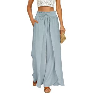 GRACE KARIN Womens Wide Leg Summer Pants Flowy Side Split Palazzo Beach Pants Boho Drawstring High Waisted Trousers(Light Blue)
