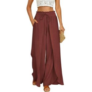 GRACE KARIN Womens Wide Leg Summer Pants Flowy Side Split Palazzo Beach Pants Boho Drawstring High Waisted Trousers(Orange Red)