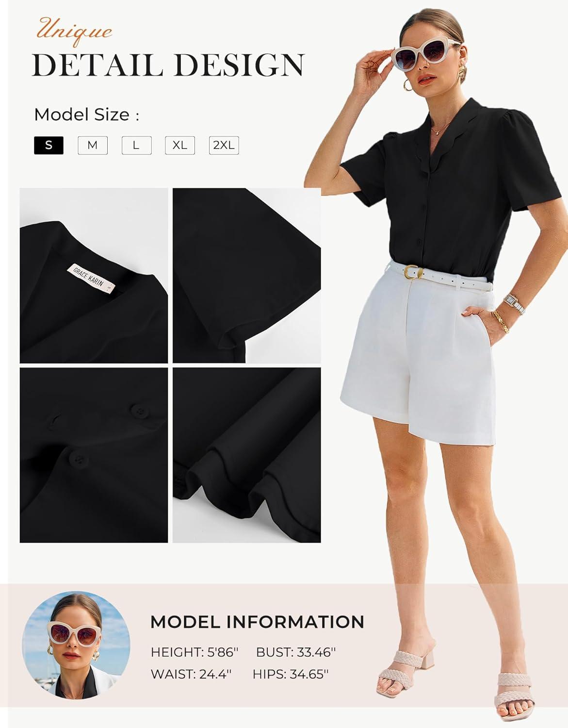 imageGRACE KARIN 2026 Button Down Shirts for Women Short Sleeve Tops Basic Dressy Casual Business OutfitsBlack