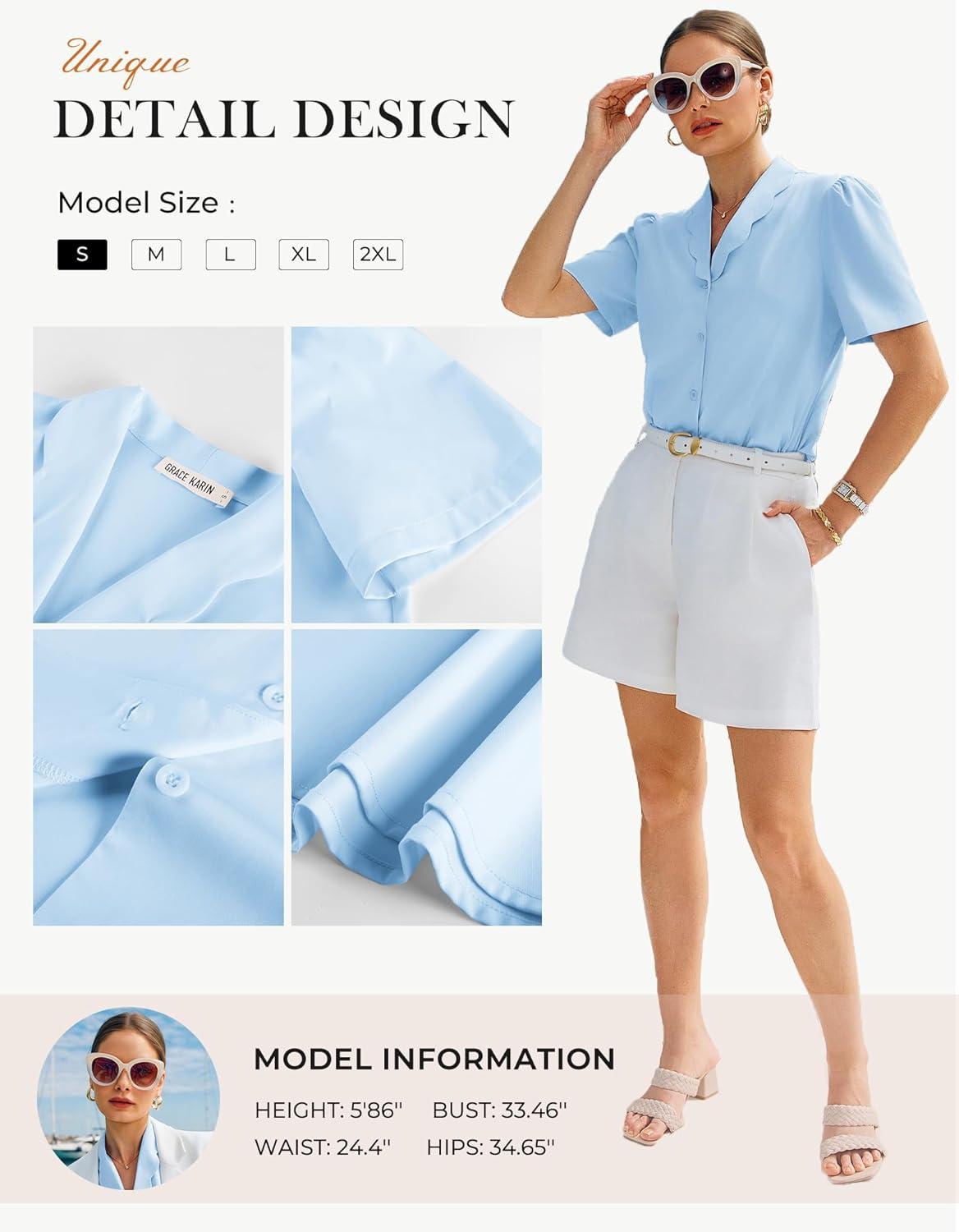 imageGRACE KARIN 2026 Button Down Shirts for Women Short Sleeve Tops Basic Dressy Casual Business OutfitsLight Blue