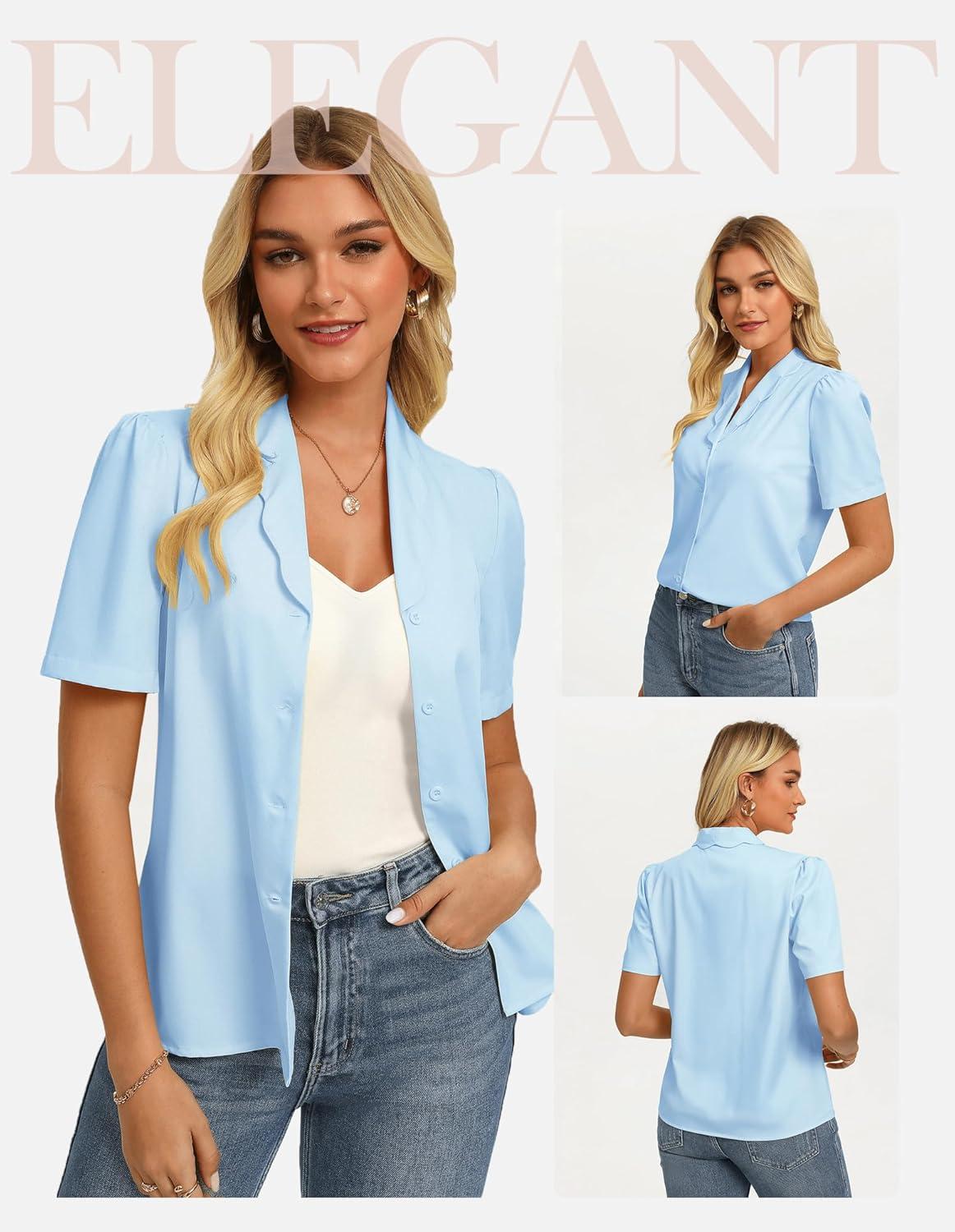 imageGRACE KARIN 2026 Button Down Shirts for Women Short Sleeve Tops Basic Dressy Casual Business OutfitsLight Blue