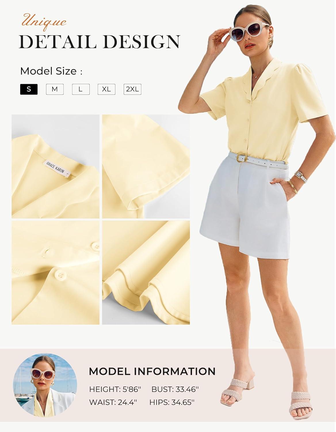 imageGRACE KARIN 2026 Button Down Shirts for Women Short Sleeve Tops Basic Dressy Casual Business OutfitsLight Yellow