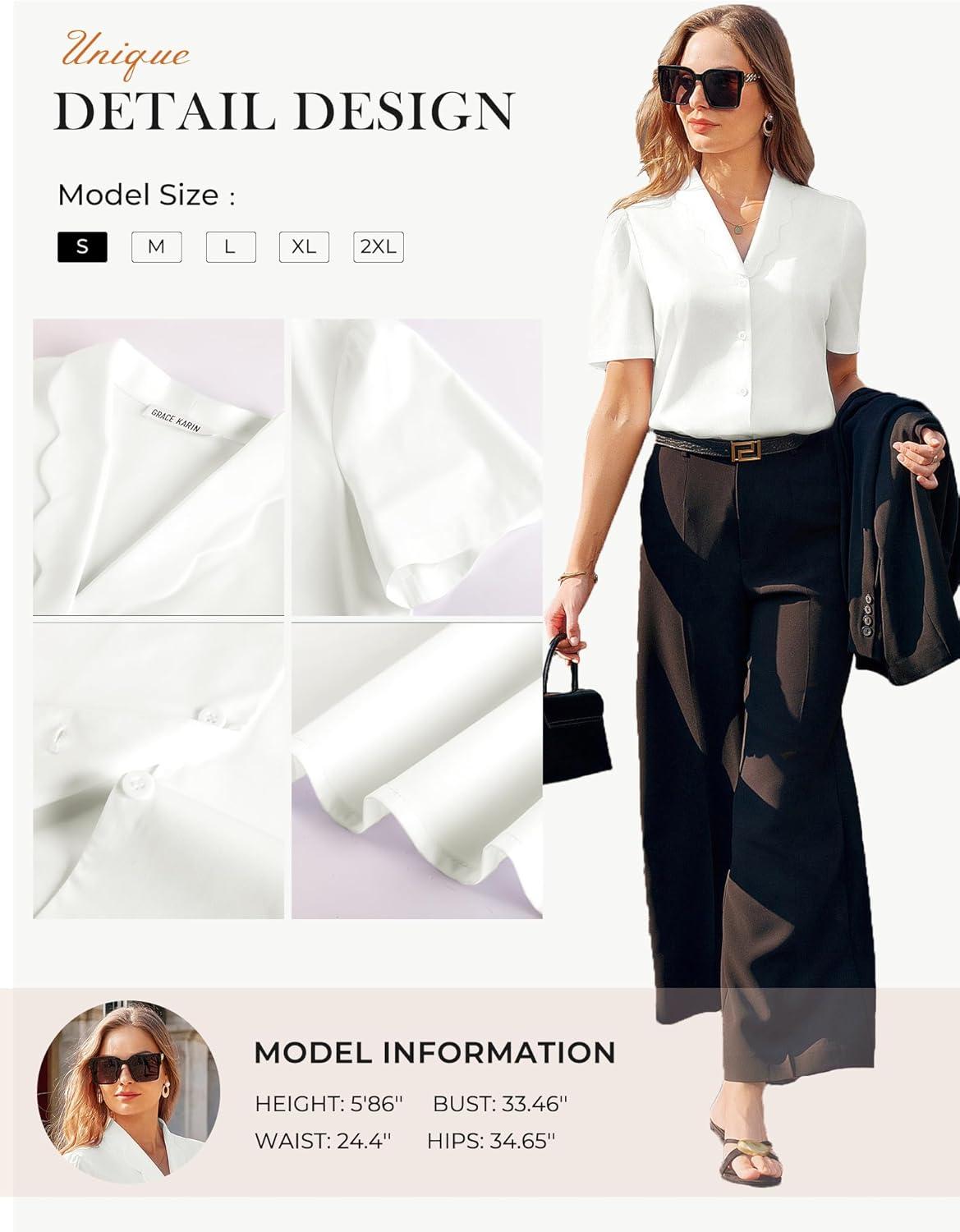 imageGRACE KARIN 2026 Button Down Shirts for Women Short Sleeve Tops Basic Dressy Casual Business OutfitsWhite