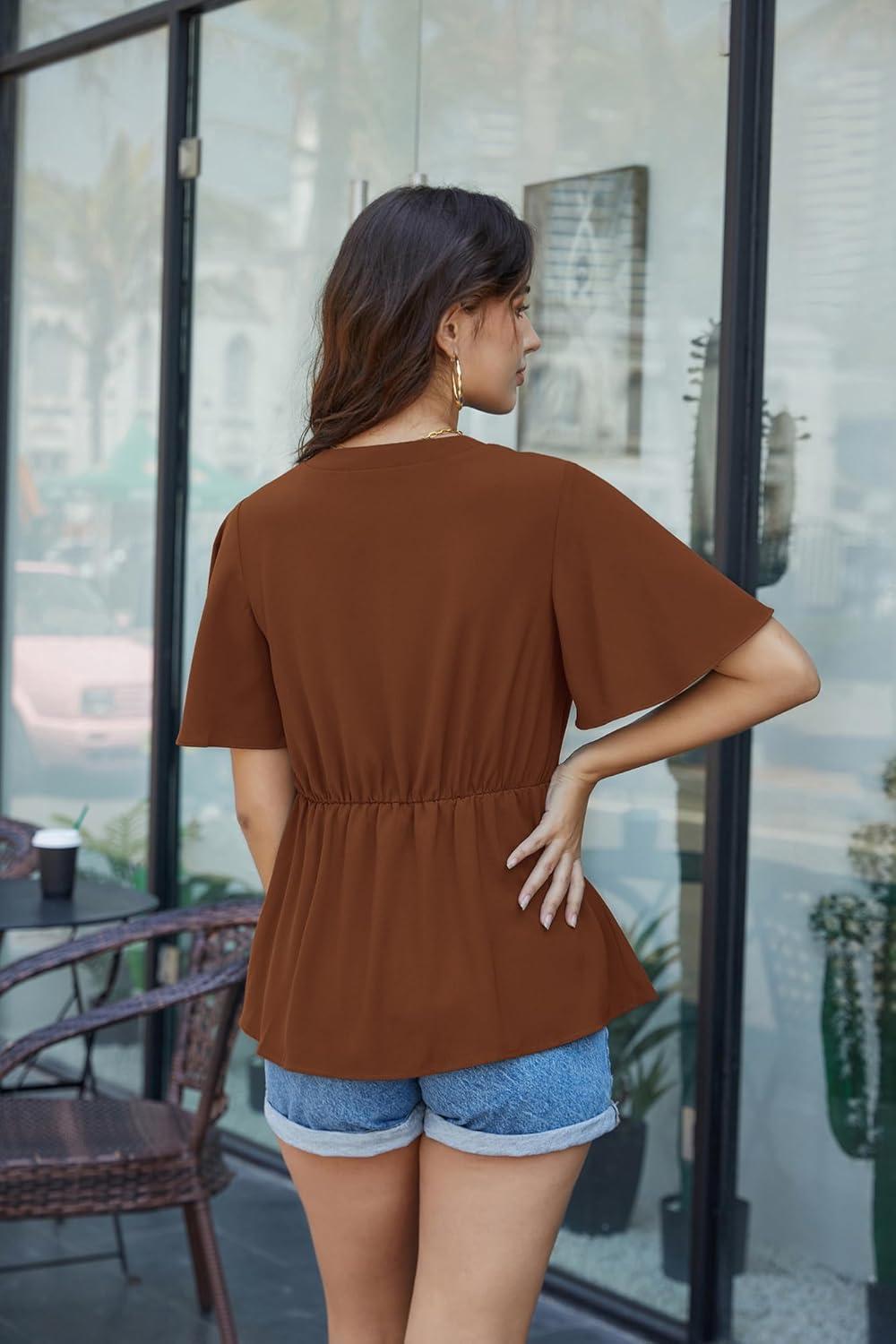 imageGRACE KARIN 2026 Womens Elegant V Neck Peplum Tops Tie Front Short Bell Sleeve Shirts Tops BlouseBrown