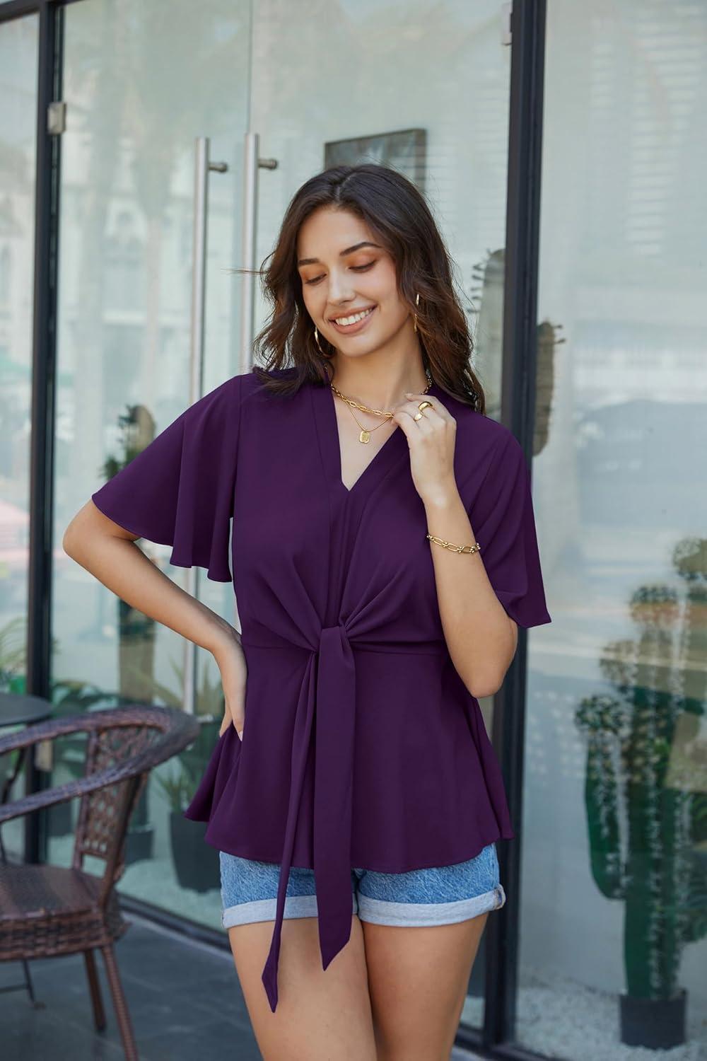 imageGRACE KARIN 2026 Womens Elegant V Neck Peplum Tops Tie Front Short Bell Sleeve Shirts Tops BlouseDark Purple