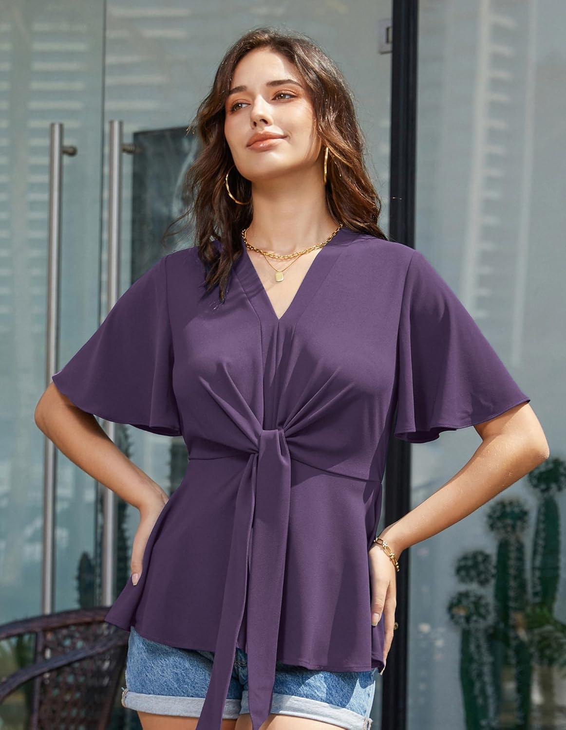 imageGRACE KARIN 2026 Womens Elegant V Neck Peplum Tops Tie Front Short Bell Sleeve Shirts Tops BlousePurple